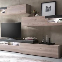 Mur Tv-hifi APEX 6 Portes Abattantes 2 Niches ChĂȘne Nelson/gris Pierre